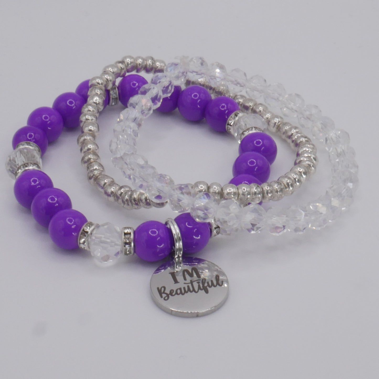 I’m Beautiful Bracelet Stack – Purple & Silver Handmade Bracelet Set for Girls