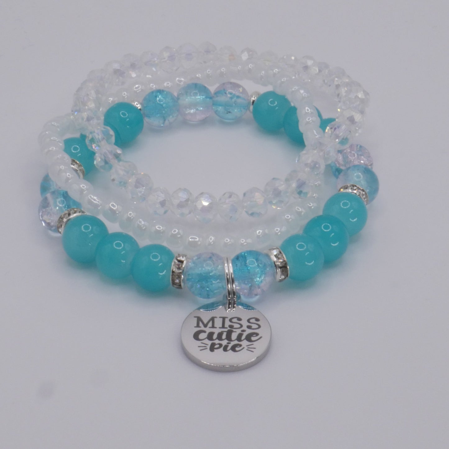 Miss Cutie Pie Bracelet Stack – Aqua & White Handmade Bracelet Set for Girls
