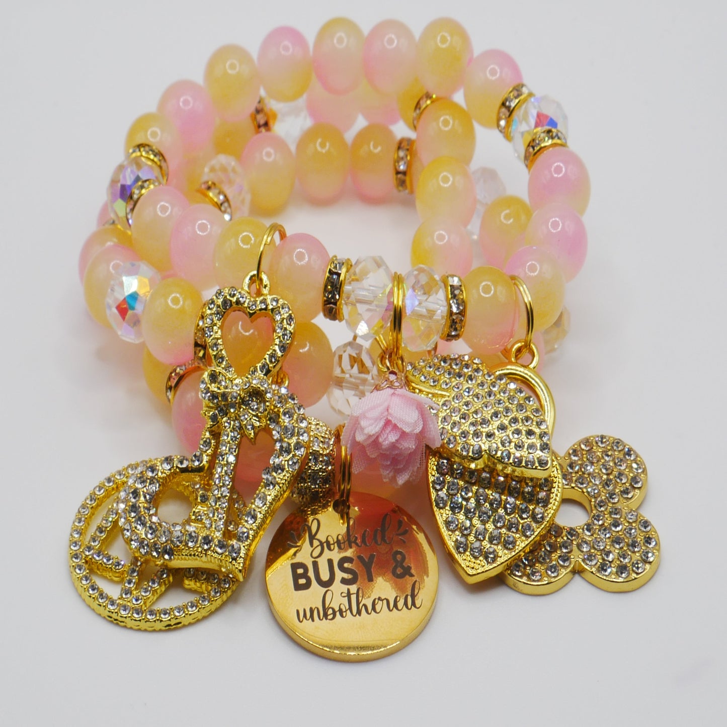 Booked, Busy & Unbothered Bracelet Stack – Pink & Gold Luxury Statement Set