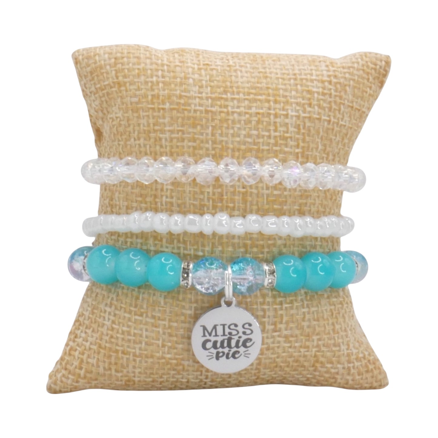 Miss Cutie Pie Bracelet Stack – Aqua & White Handmade Bracelet Set for Girls