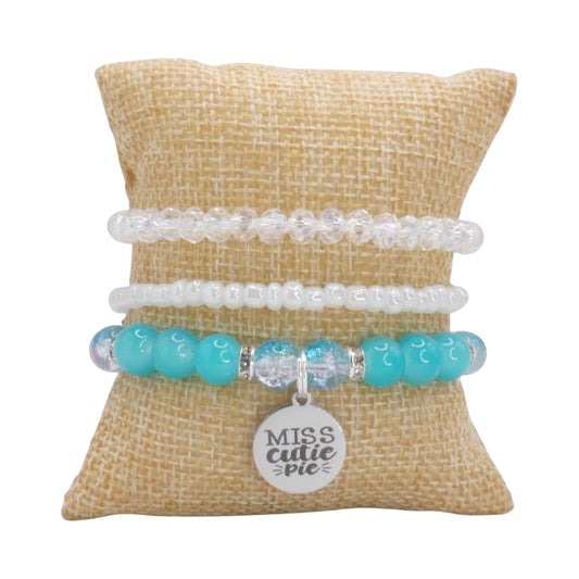 Miss Cutie Pie Bracelet Stack – Aqua & White Handmade Bracelet Set for Girls