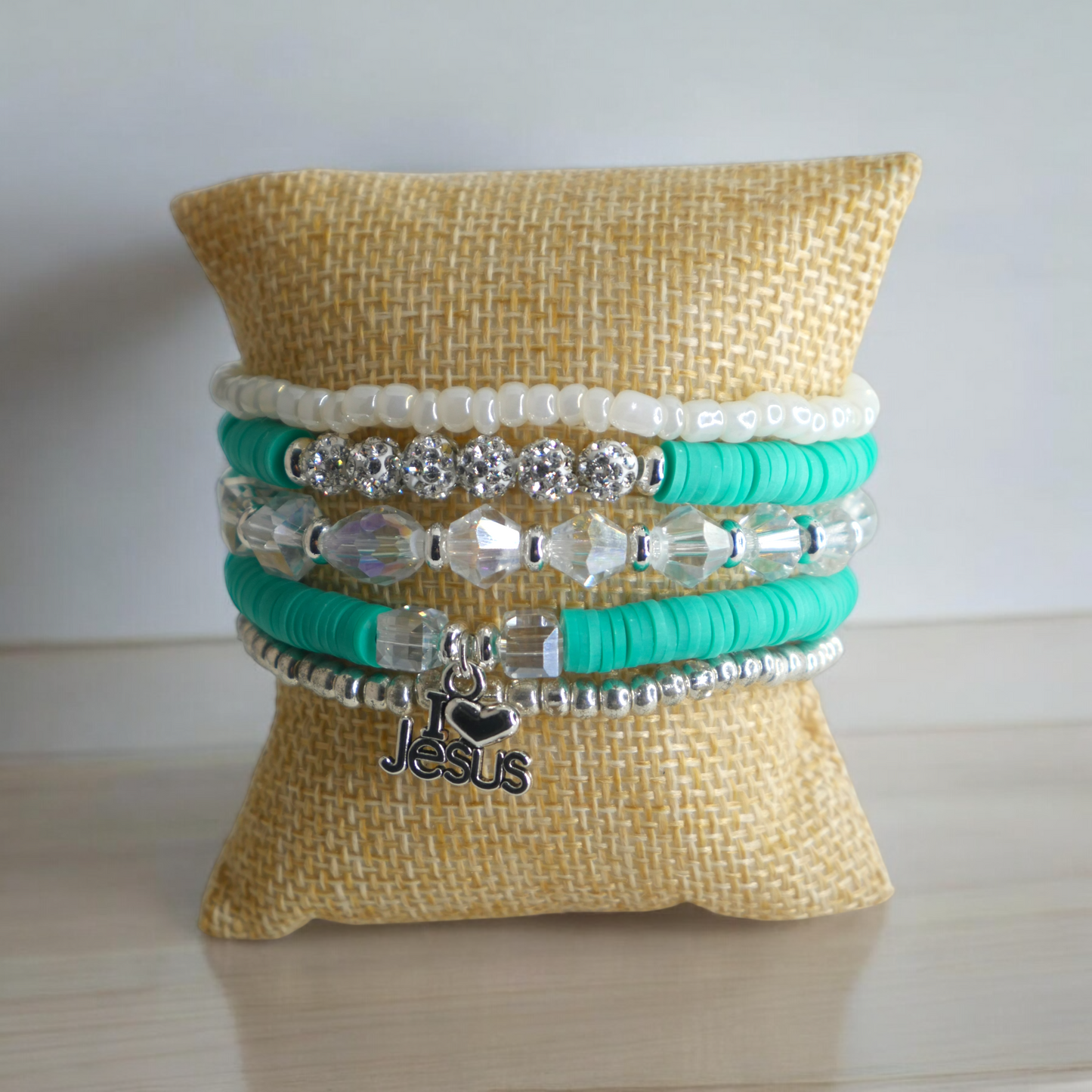 Turquoise - I love Jesus Charm Clay Beaded Bracelets