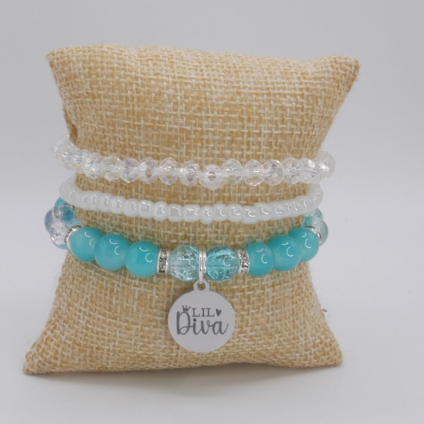 Lil Diva Bracelet Stack – Aqua & White Handmade Bracelet Set for Girls