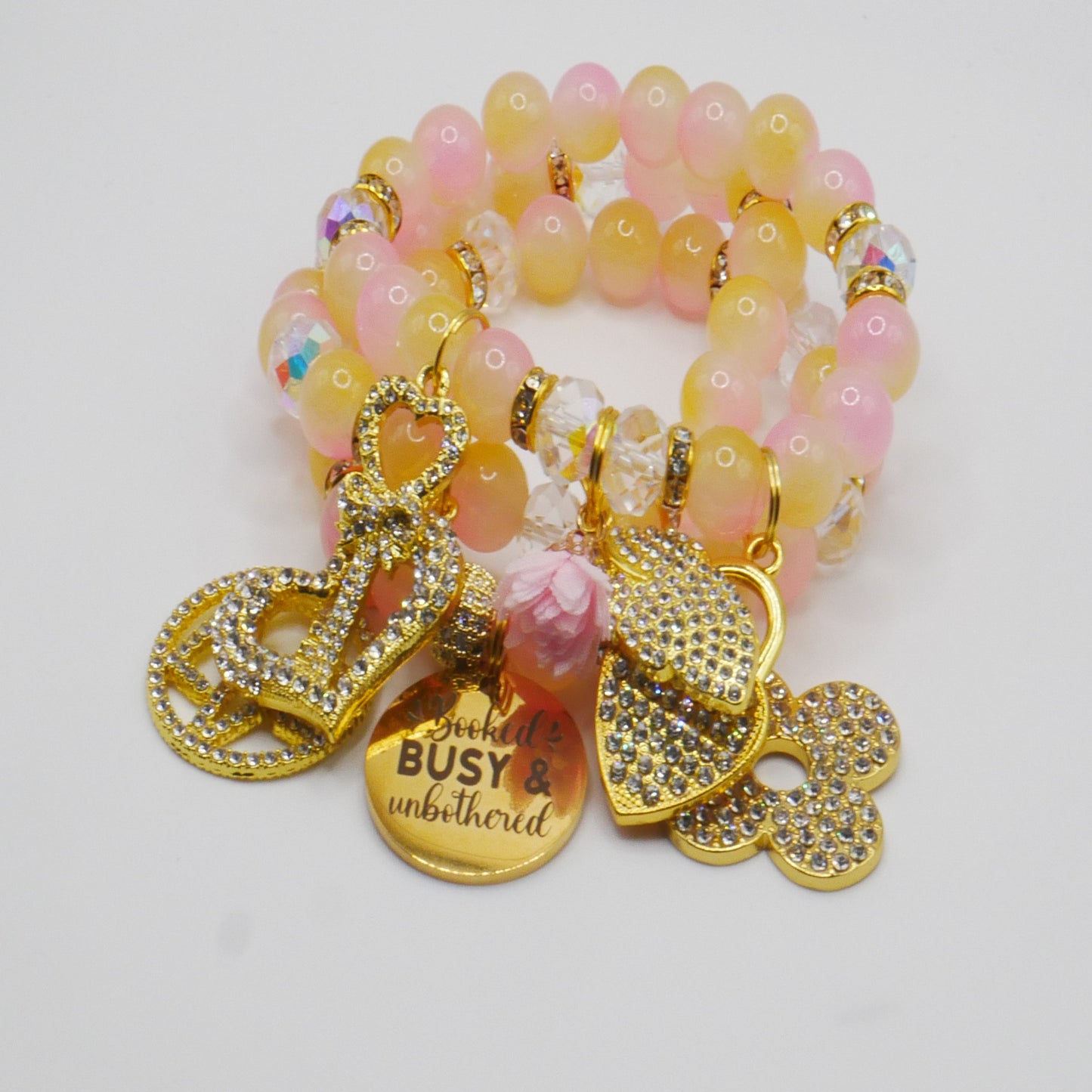 Booked, Busy & Unbothered Bracelet Stack – Pink & Gold Luxury Statement Set