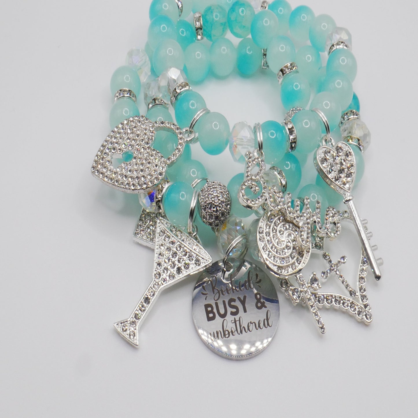 Booked, Busy & Unbothered Bracelet Stack – Aqua & Silver Luxury Statement Set