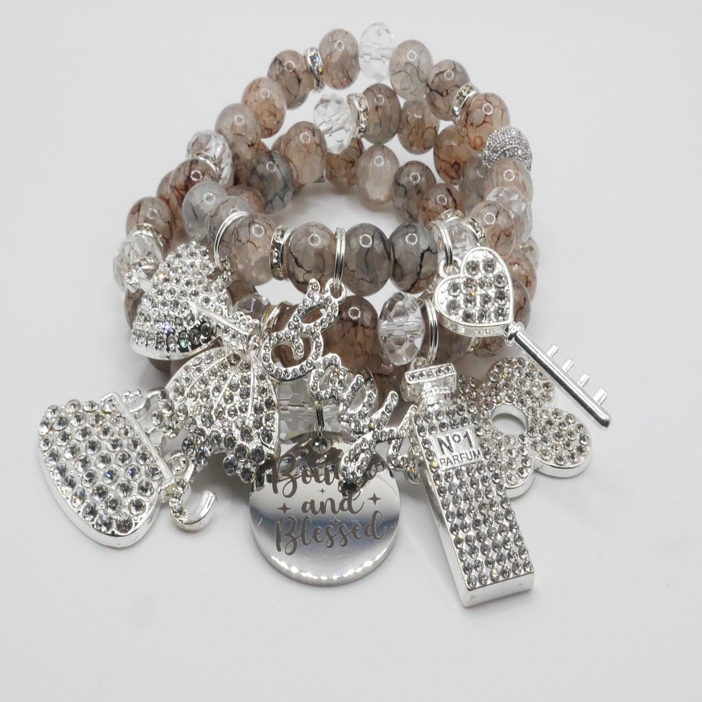 Bougie & Blessed Bracelet Stack – Silver and Nude Luxury Faith Bracelet Set