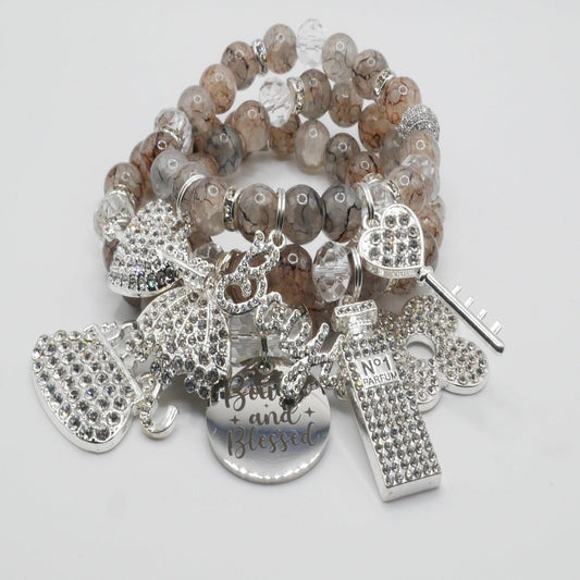 Bougie & Blessed Bracelet Stack – Silver and Nude Luxury Faith Bracelet Set