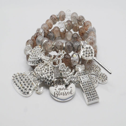 Bougie & Blessed Bracelet Stack – Silver and Nude Luxury Faith Bracelet Set