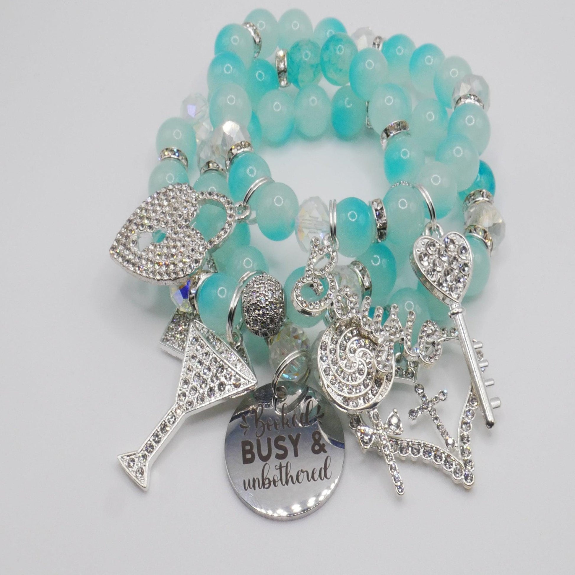 Booked, Busy & Unbothered Bracelet Stack – Aqua and Silver Luxury Statement Set