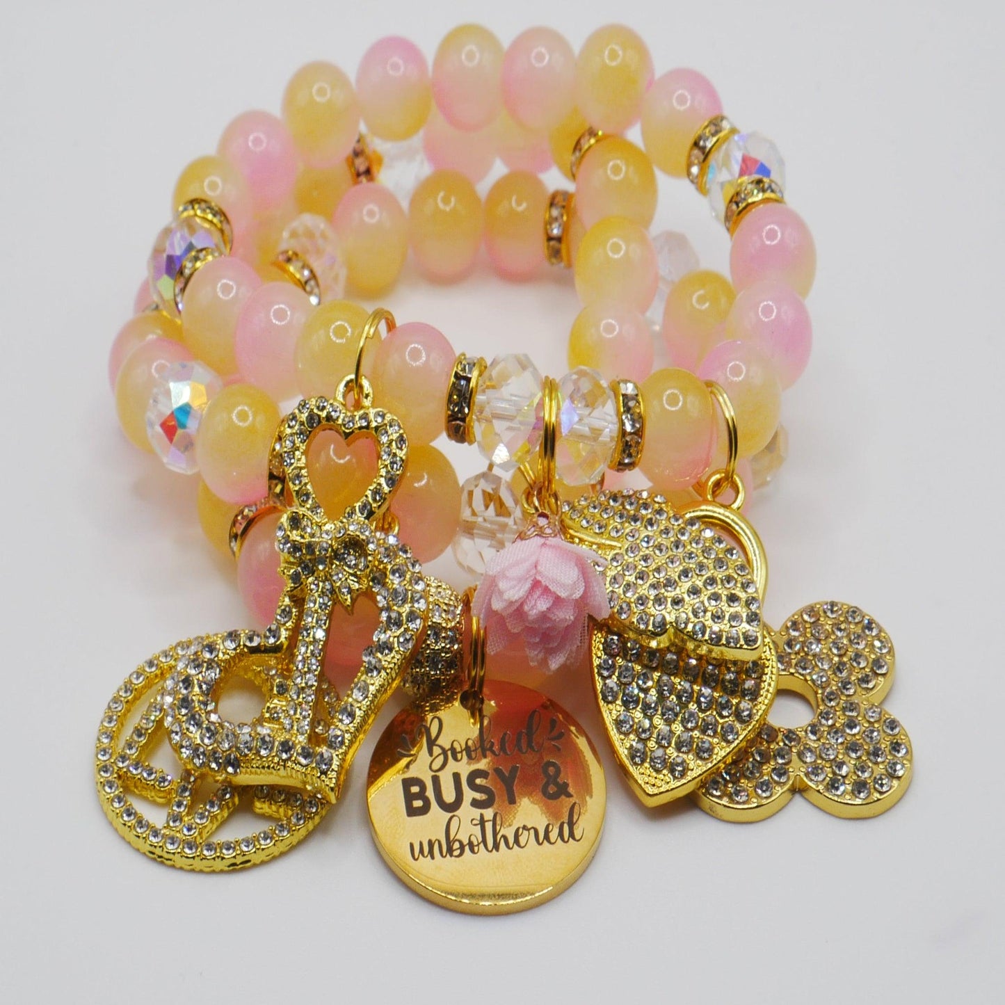 Booked, Busy & Unbothered Bracelet Stack – Pink and Gold Luxury Statement Set