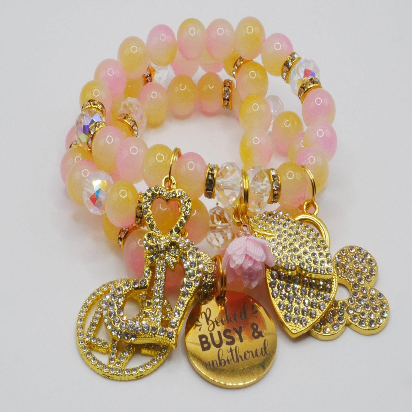 Booked, Busy & Unbothered Bracelet Stack – Pink and Gold Luxury Statement Set